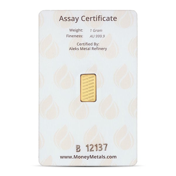 Money Metals Gold Bar, 1 Gram .9999 Pure in Assay Package
