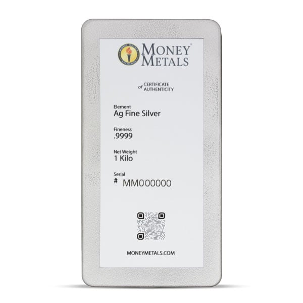 Money Metals 1 Kilo Cast Silver Bar (Sandblasted Finish), .9999 Pure