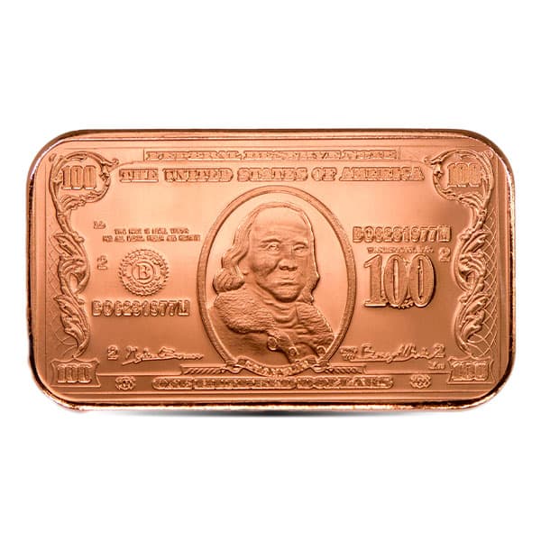 Copper BAR - $100 Banknote, 1 AVDP Oz, .999 Pure Copper