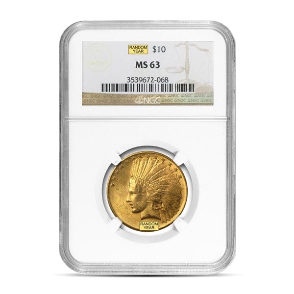 MS63 Graded $10 Indian U.S. Gold Coin (PCGS / NGC) - Random Dates