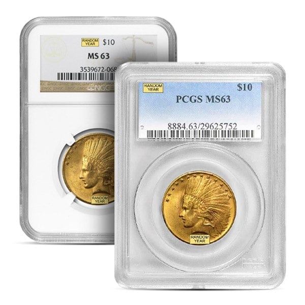 MS63 Graded $10 Indian U.S. Gold Coin (PCGS / NGC) - Random Dates