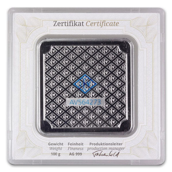 Geiger SILVER Bar - 100 Gram .999 Pure, in Assay thumbnail