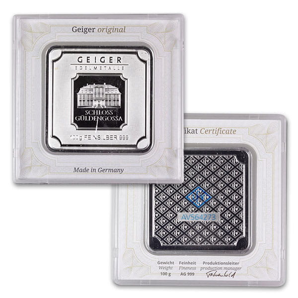 Geiger SILVER Bar - 100 Gram .999 Pure, in Assay thumbnail