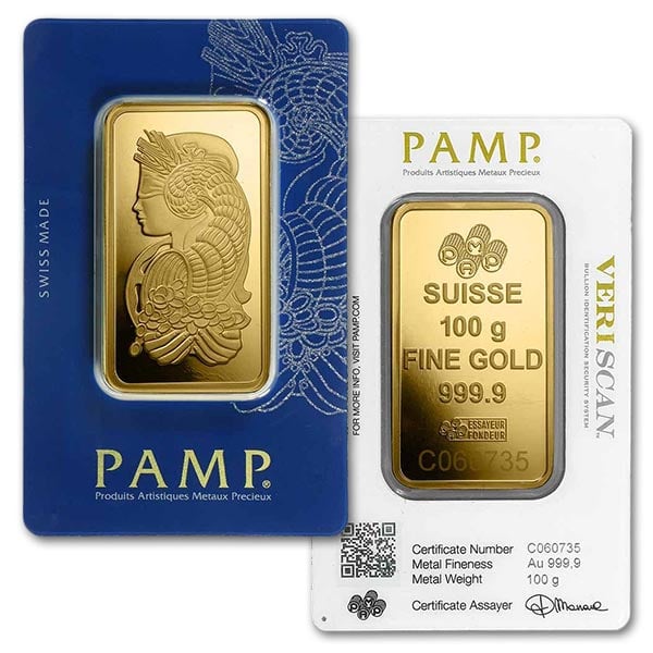 PAMP Suisse Gold Bar, 100 Gram, .9999 Pure