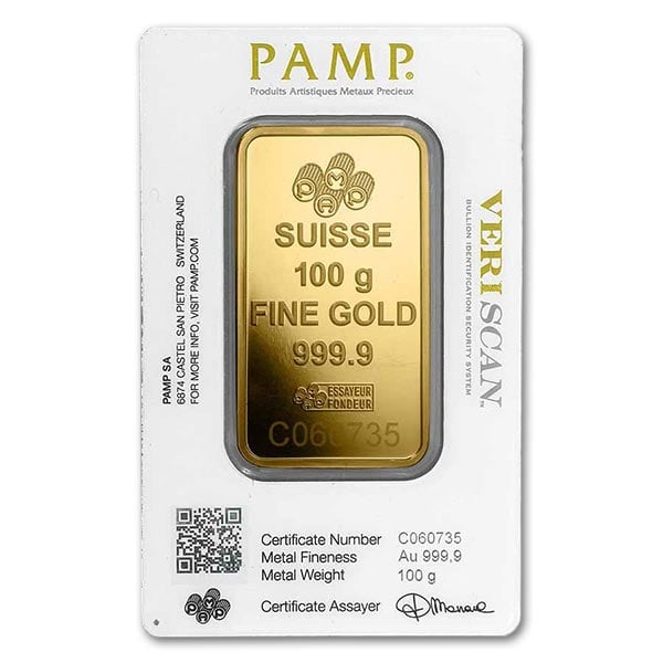 PAMP Suisse Gold Bar, 100 Gram, .9999 Pure