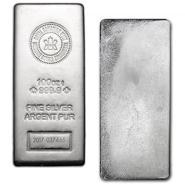 100 oz Royal Canadian Mint Silver Bar -  .9999 Silver (New Style) thumbnail