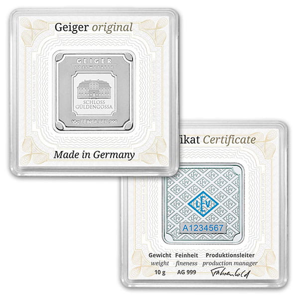 Geiger SILVER Bar - 10 Gram .999 Pure, in Assay