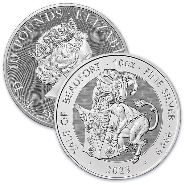 10 Oz British Royal Mint Tudor Beasts; Yale of Beaufort - .9999 Pure Silver Coin thumbnail