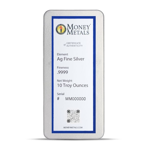 Money Metals 10 Ounce Cast Silver Bar (Sandblasted Finish), .9999 Pure