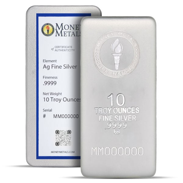 Money Metals 10 Ounce Cast Silver Bar (Sandblasted Finish), .9999 Pure