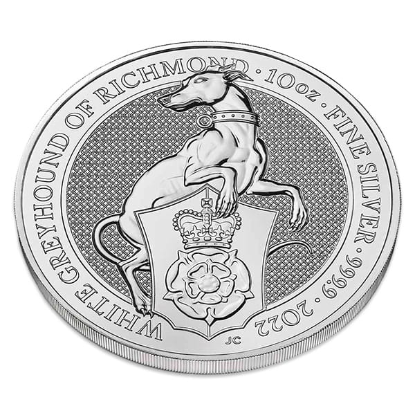 British Royal Mint Queen's Beast; White Greyhound - 10 Oz Silver Coin .9999 Pure thumbnail