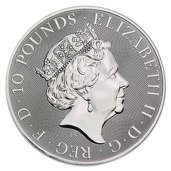 British Royal Mint Queen's Beast; White Greyhound - 10 Oz Silver Coin .9999 Pure