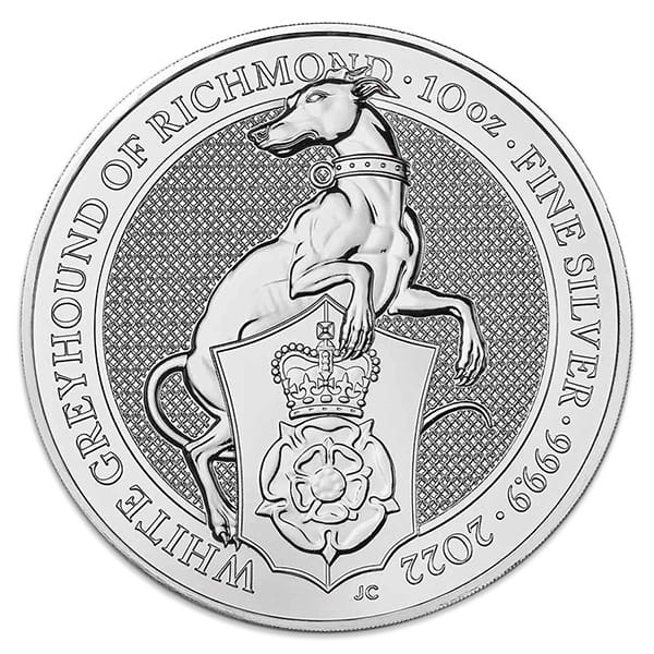 British Royal Mint Queen's Beast; White Greyhound - 10 Oz Silver Coin .9999 Pure