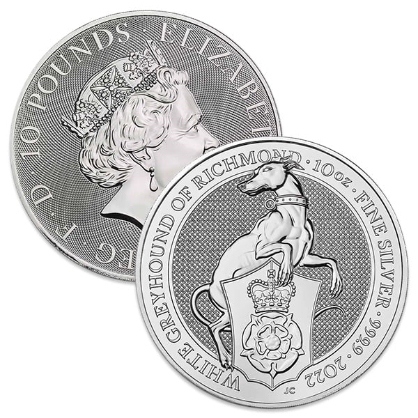British Royal Mint Queen's Beast; White Greyhound - 10 Oz Silver Coin .9999 Pure thumbnail