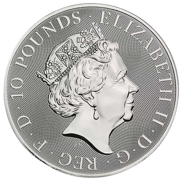 British Royal Mint Queen's Beast; White Lion - 10 Oz Silver Coin .9999 Pure thumbnail