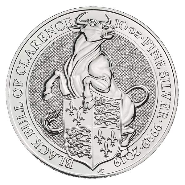 British Royal Mint Queen's Beast; Black Bull - 10 Oz Silver Coin .9999 Pure thumbnail