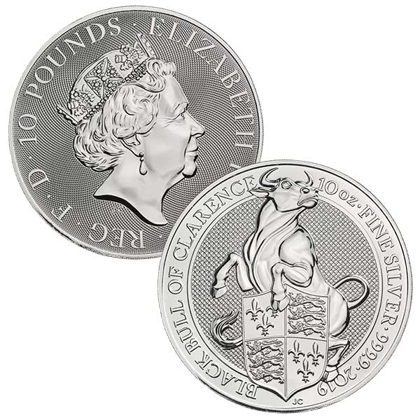 British Royal Mint Queen's Beast; Black Bull - 10 Oz Silver Coin .9999 Pure thumbnail