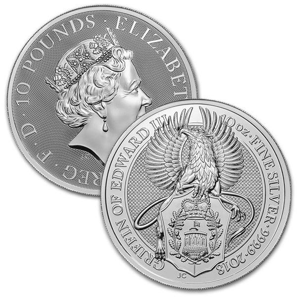 2018 British Royal Mint Queen's Beast; Griffin - 10 Oz Silver Coin .9999 Pure