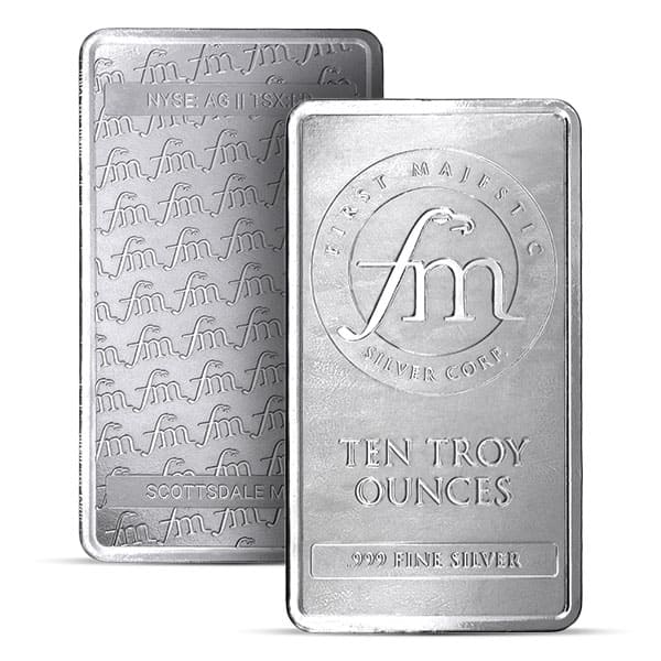 First Majestic Silver Bar - 10 Troy Ounce, .999 Pure