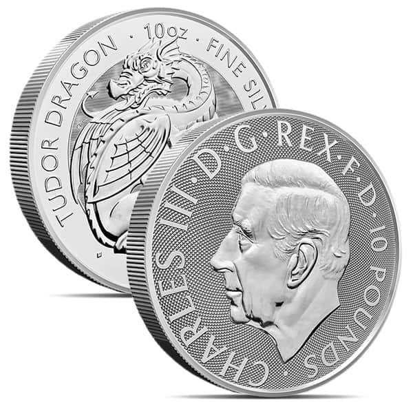 2024 10 Oz British Royal Mint Tudor Beasts; Tudor Dragon - .9999 Pure Silver Coin