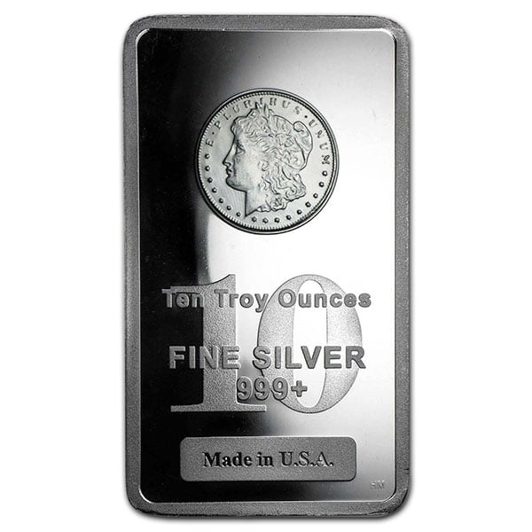 10 Troy oz. Prooflike 99.9% Silver Bar with Morgan Dollar Design