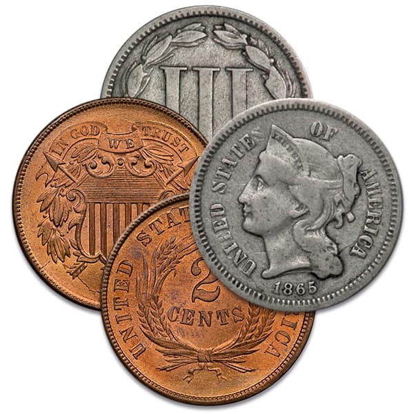 Civil War US Coins (2pc) - 1864 2 Cent and 1865 3 Cent (Good to Very Good)