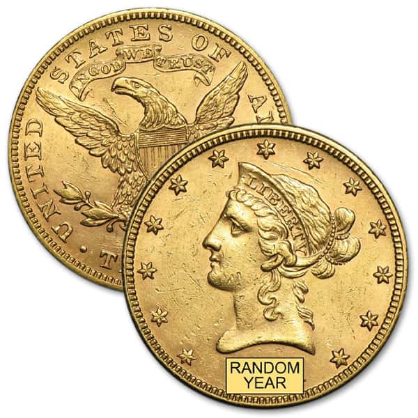 $10 Liberty U.S. Gold (1866-1907), Almost Uncirculated (AU), 0.4838 Troy Ounce Gold Content