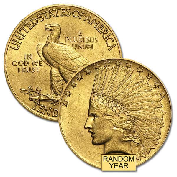 $10 Indian Head U.S. Gold (1907-1933), Almost Uncirculated (AU), 0.4838 Troy Ounce Gold Content