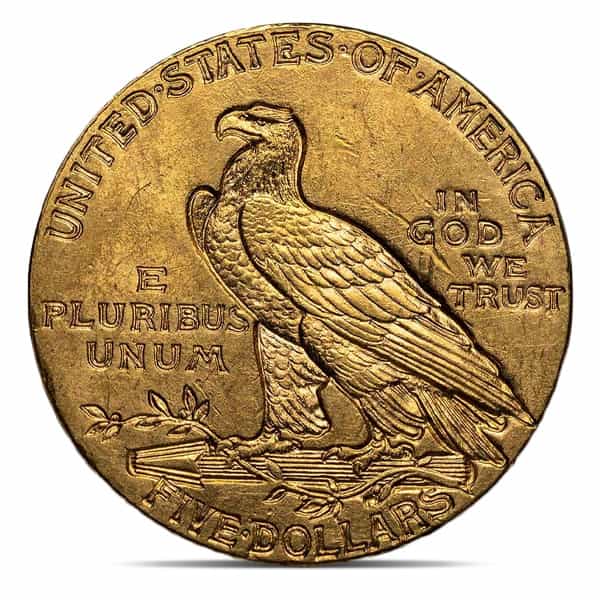 $5 Indian Head U.S. Gold (1908–1916, 1929), Brilliant Uncirculated (BU), 0.2419 Troy Ounce Gold Content