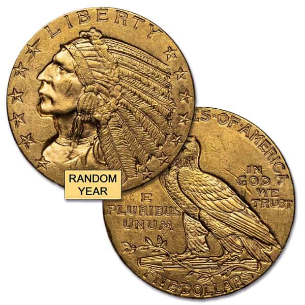 $5 Indian Head U.S. Gold (1908–1916, 1929), Brilliant Uncirculated (BU), 0.2419 Troy Ounce Gold Content