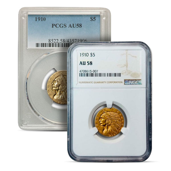 1910 AU58 Graded $5 Indian Head U.S. Gold Coin (PCGS / NGC)