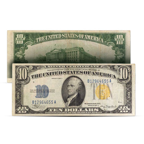 $10 U.S. Yellow Seal Silver Certificate Note - Very Good to Very