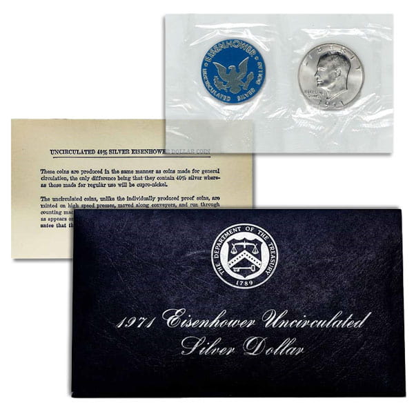 40% Silver Uncirculated Eisenhower Dollar - 1971-S (Blue Mint Envelope)
