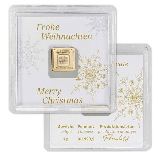 Geiger GOLD Bar - 1 Gram .9999 Pure, in Merry Christmas Assay