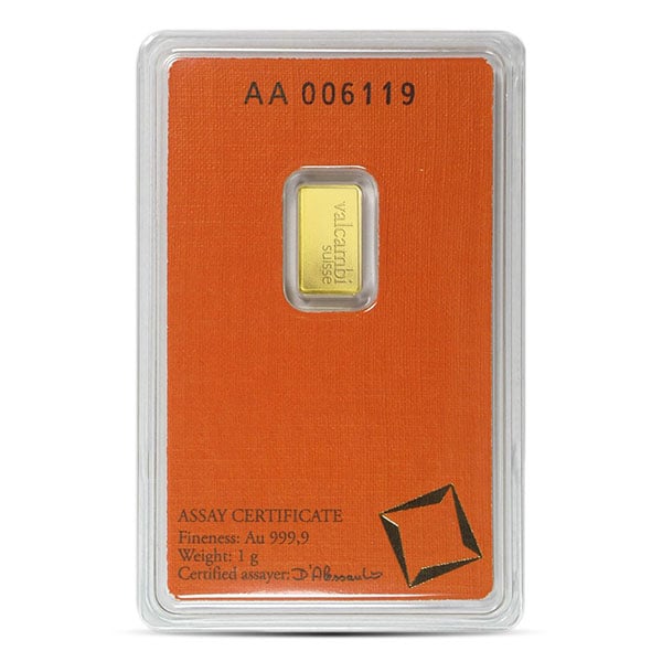 Valcambi Gold Bar, 1 Gram, .9999 Pure in Assay Package