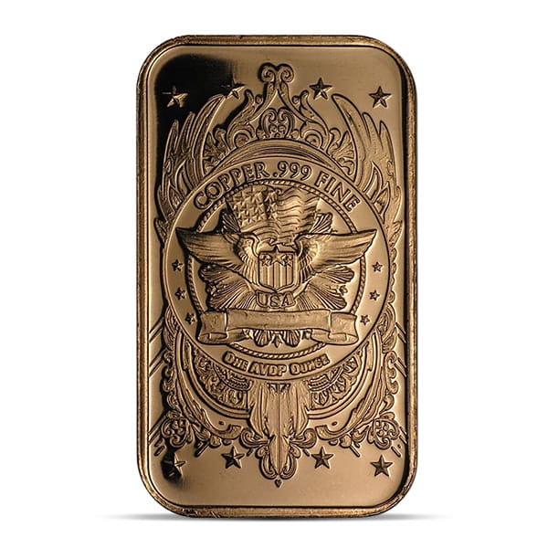Copper BAR - St. Gaudens Design, 1 AVDP Oz, .999 Pure Copper