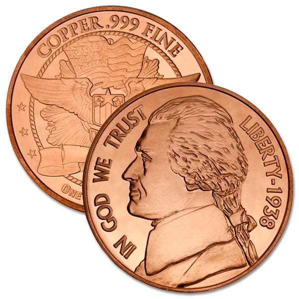 Copper Jefferson Nickel - 1 AVDP Oz, .999 Pure Round