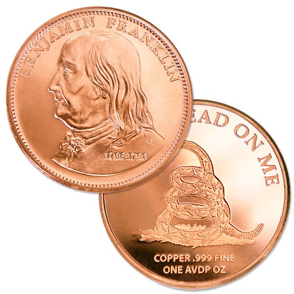 Copper Benjamin Franklin  Round - 1 AVDP Oz, .999 Pure Copper