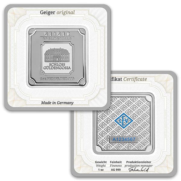 Geiger SILVER Bar - 1 Troy Oz .999 Pure, in Assay