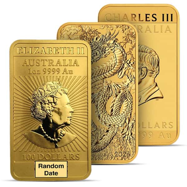 Perth Mint Gold Australian Rectangular Dragon Coin - 1 Troy Oz, .9999 Pure (Date Our Choice)