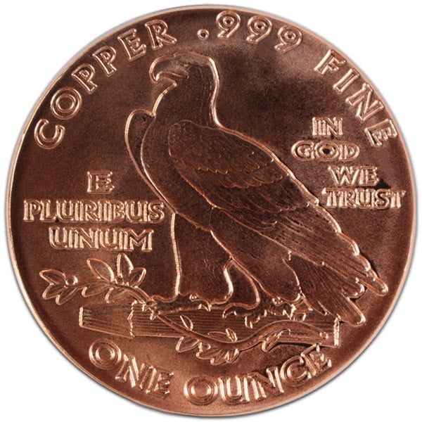 Copper Indian Head Round - 1 AVDP Oz, .999 Pure (Incuse)