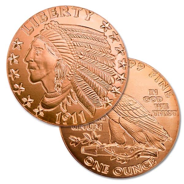 Copper Indian Head Round - 1 AVDP Oz, .999 Pure (Incuse)