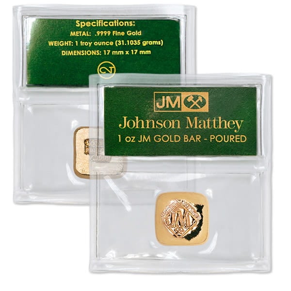 Johnson Matthey Square Poured Gold Bar, 1 Troy Oz, .9999 Pure