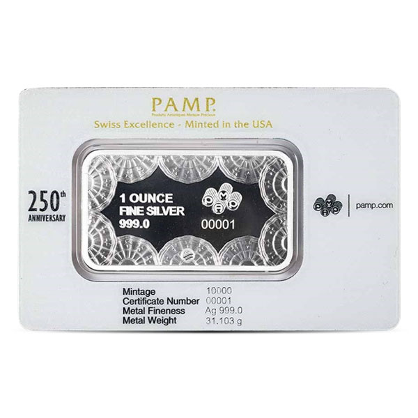 PAMP Suisse USA 250th Anniversary Silver Bar, 1 Troy Ounce, .999 Pure