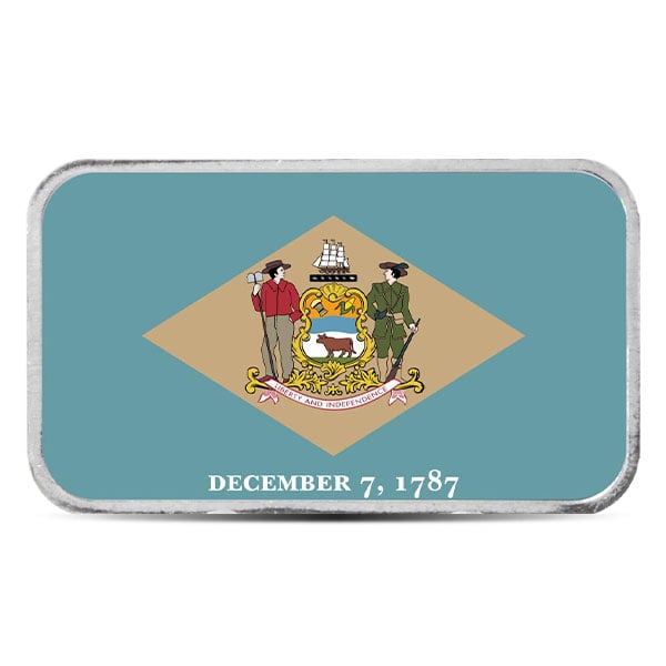 Delaware State Flag Silver Bar (Colorized) - 1 Troy Ounce, .999 Pure