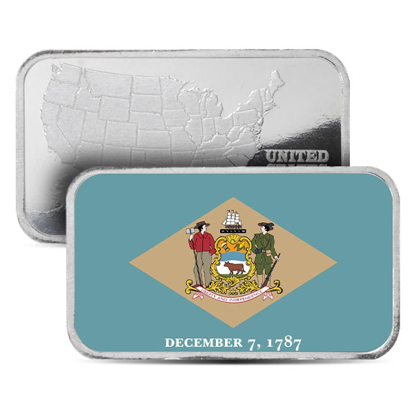 Delaware State Flag Silver Bar (Colorized) - 1 Troy Ounce, .999 Pure