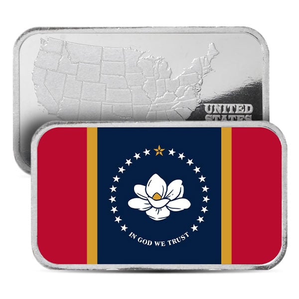 Mississippi State Flag Silver Bar (Colorized) - 1 Troy Ounce, .999 Pure