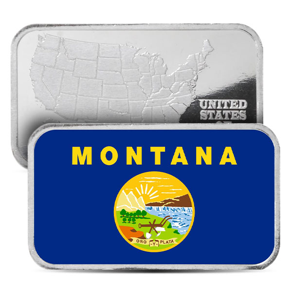 Montana State Flag Silver Bar (Colorized) - 1 Troy Ounce, .999 Pure