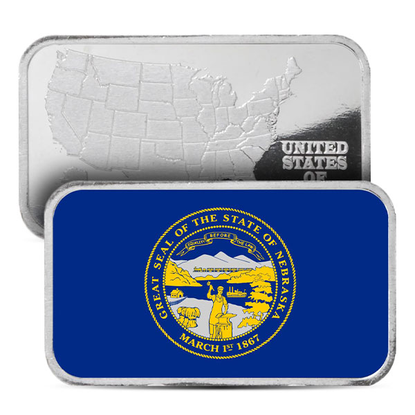 Nebraska State Flag Silver Bar (Colorized) - 1 Troy Ounce, .999 Pure