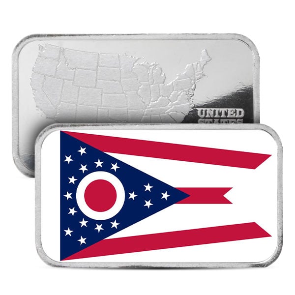 Ohio State Flag Silver Bar (Colorized) - 1 Troy Ounce, .999 Pure